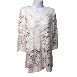Sand & Spirit Women's Large Hole-Knit Sweater Cream Colored 3/4 Sleeves